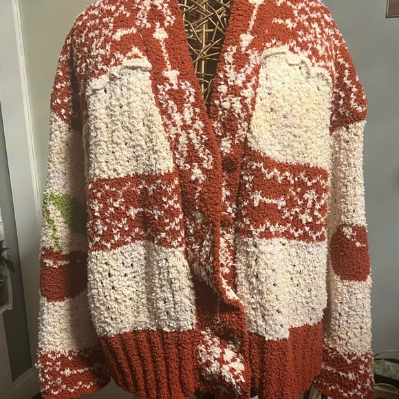 SHEIN Sweaters - SHEIN  cherry Colorblock Bouclé Cardigan in Cream and Rust with Green Accent